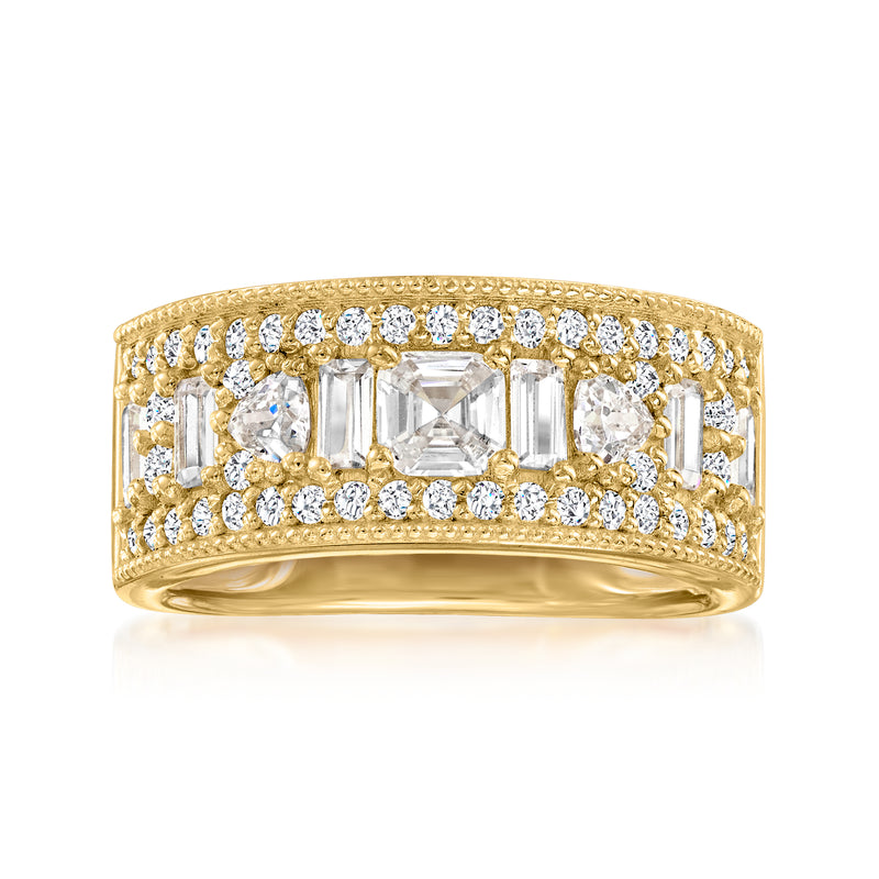 18kt gold over sterling CZ wide-band ring with central square and round crystal rows