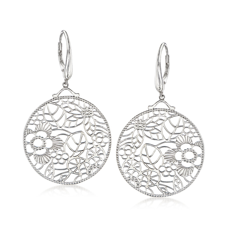 Sterling silver floral openwork round drop earrings with circular lace design and earwires