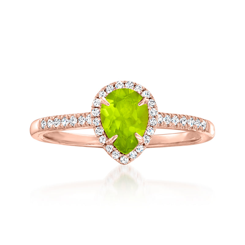 Rose gold ring with pear-shaped peridot and diamond halo