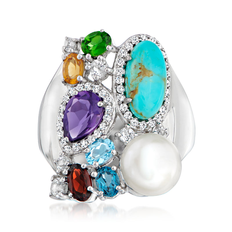 Sterling silver ring with large turquoise oval gemstone, white pearl, and multi-gemstones