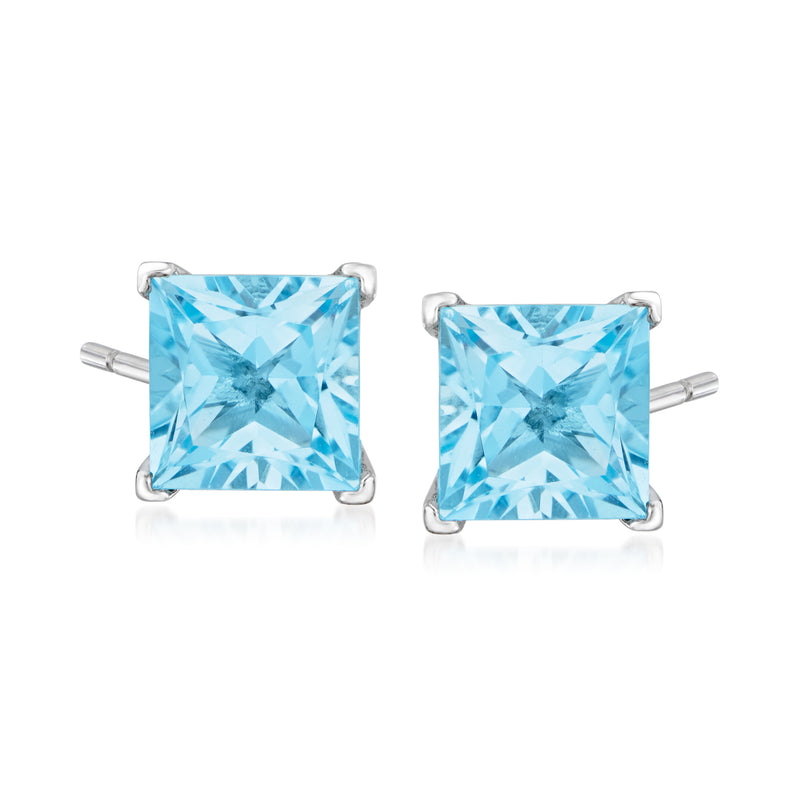 Sky blue topaz stud earrings in square sterling silver settings with secure posts
