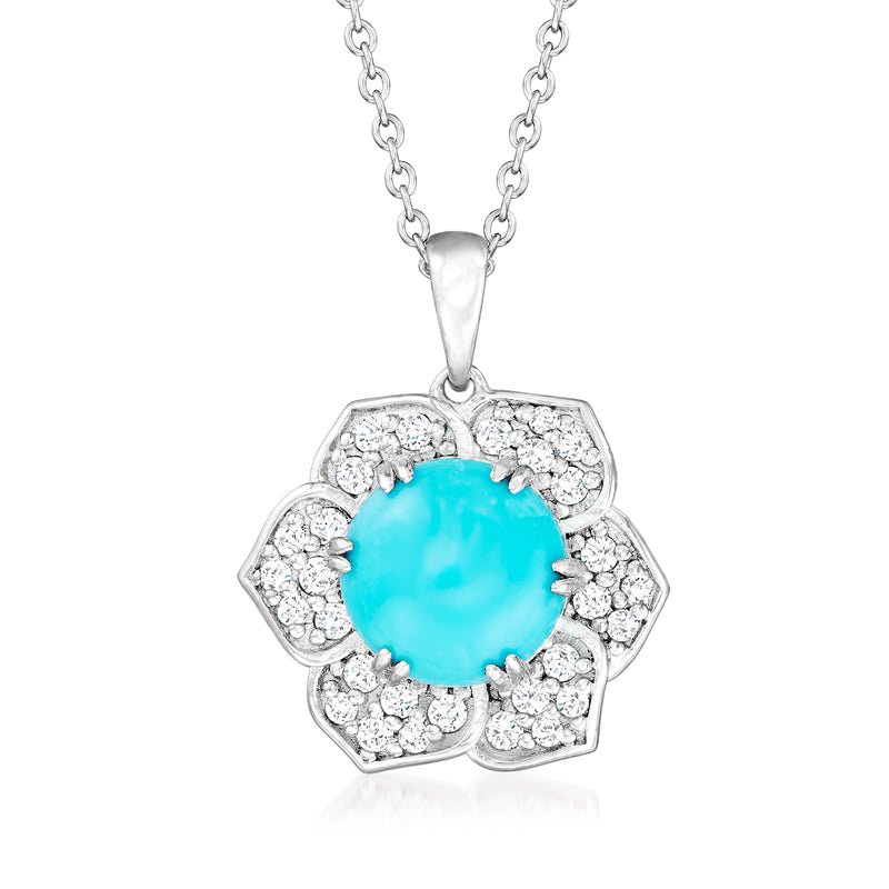 Sterling silver turquoise zircon flower pendant necklace with round stone and halo