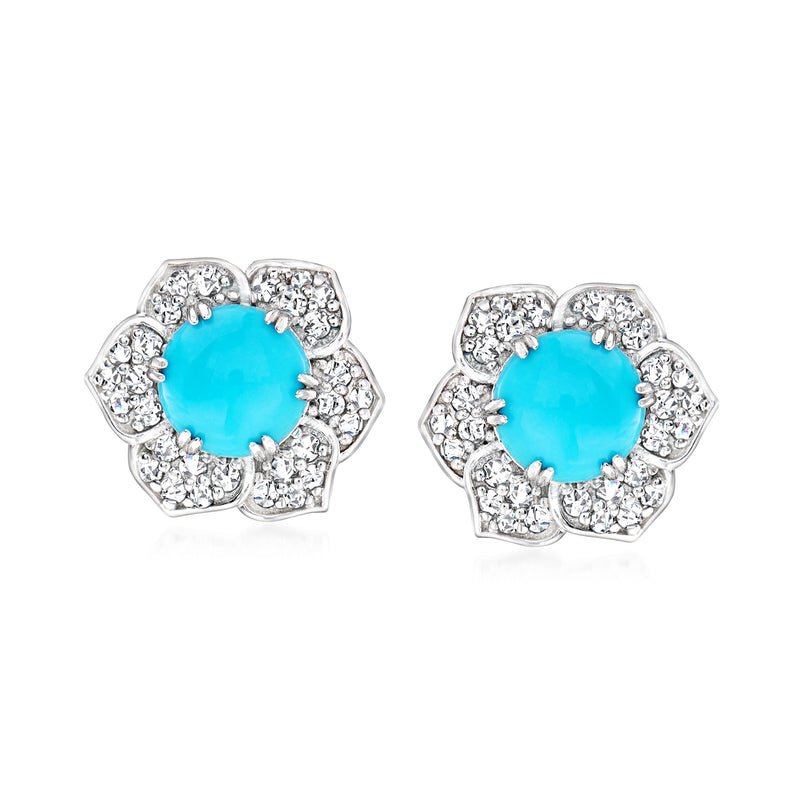 Sterling silver flower stud earrings with round turquoise zircon center and clear stone halo