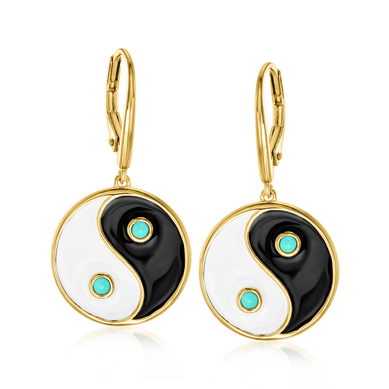 Gold leverback drop earrings with black and white enamel yin-yang and turquoise accents