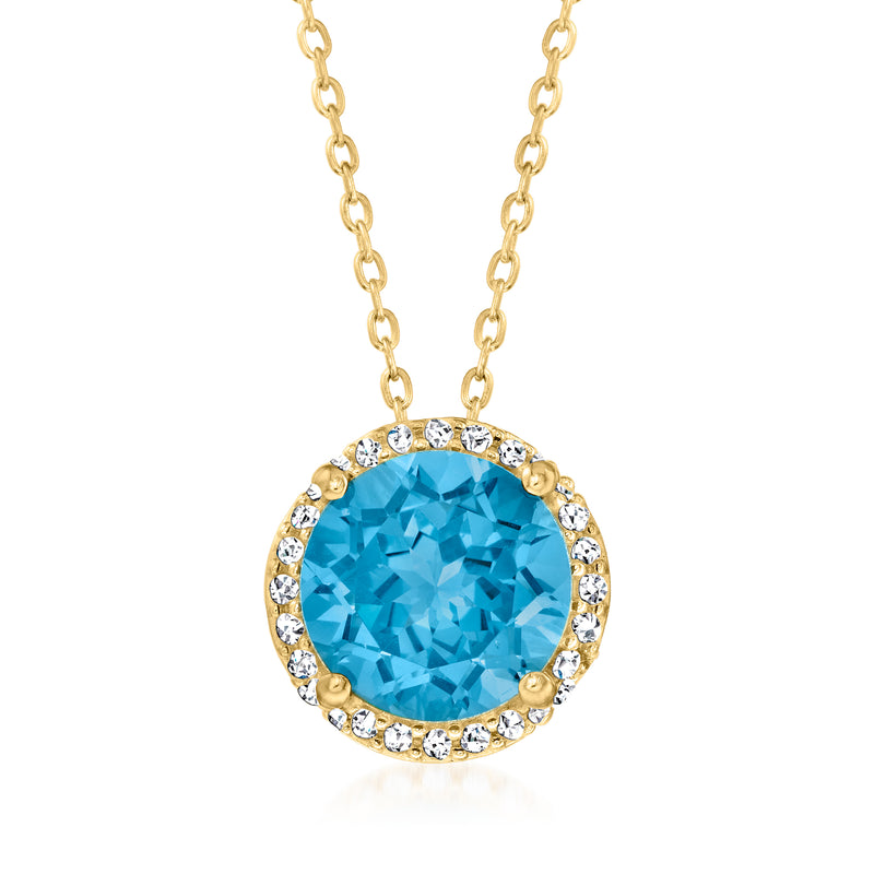 Gold pendant necklace: round London blue topaz with white zircon halo