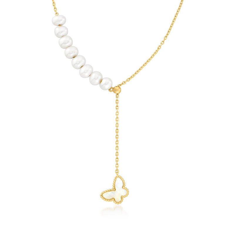 Butterfly lariat necklace with white pearl bead strand and gold chain, dangling butterfly charm