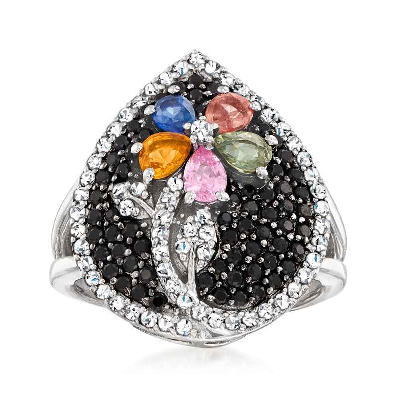 Sterling silver flower ring with multicolor gemstones and black stone accents