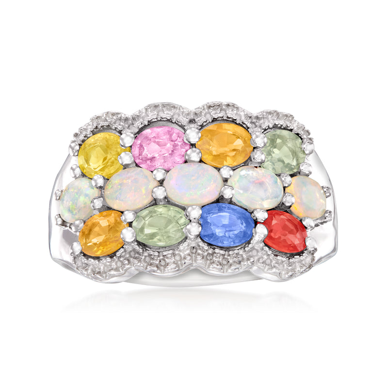 Sterling silver ring with multicolored oval gemstones and opalescent stones