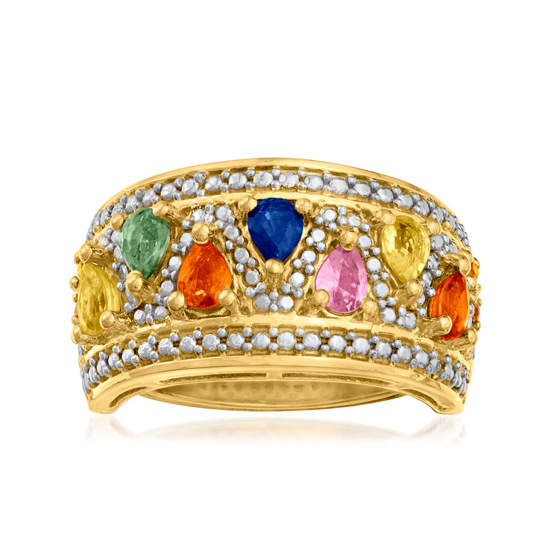 Gold over sterling multicolored sapphire ring with oval and pear stones in halo setting