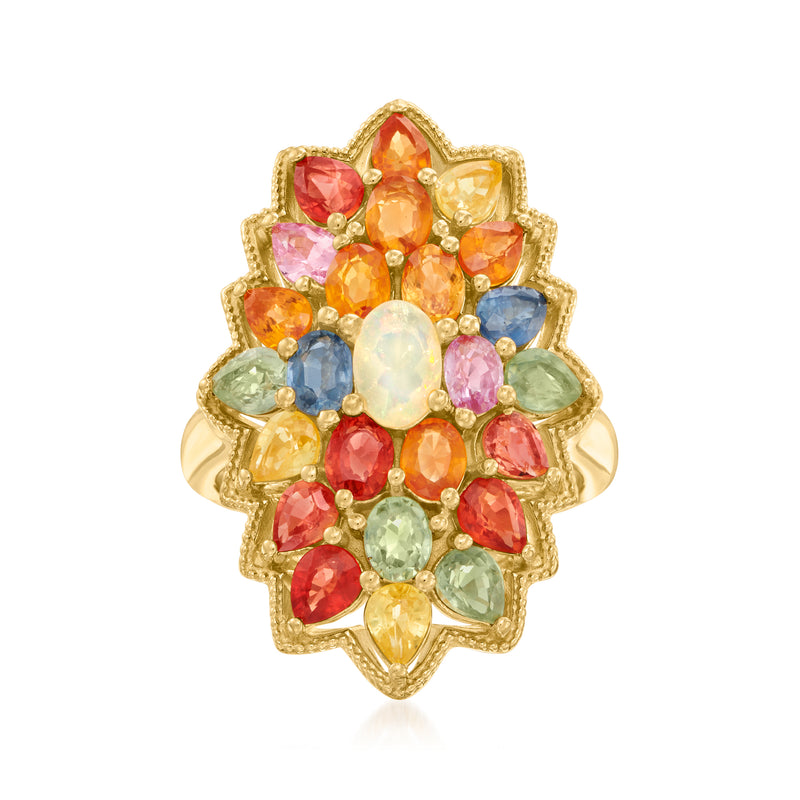 Gold cluster ring with oval opal and multicolored gemstone stones