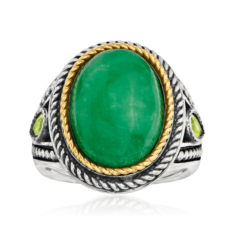 Oval green jade ring in sterling silver with 14kt yellow gold rope bezel