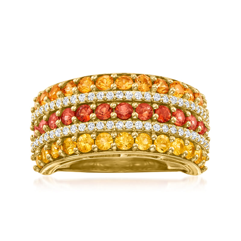 Gold-tone multi-row ring with orange gemstones and clear white zircon accents