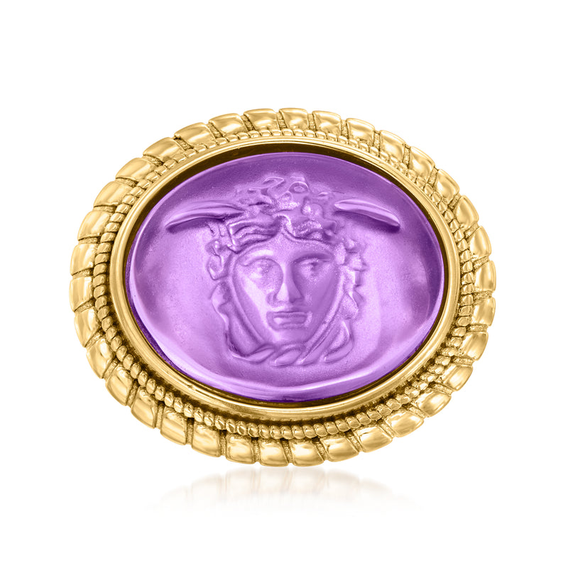 18kt gold over sterling ring with purple oval Medusa glass and ornate bezel