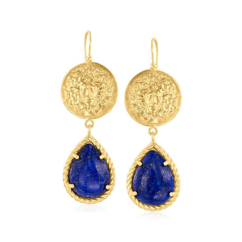 Gold drop earrings with medusa cameo medallions and blue teardrop stones
