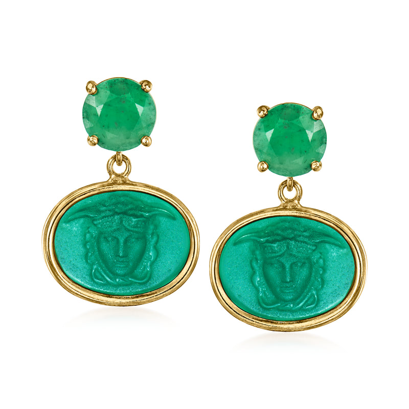 Green cameo-style drop earrings with oval medallion, gold-tone settings, dangling drops