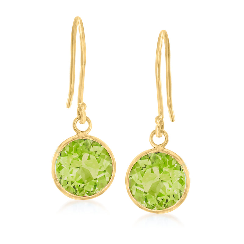 14kt yellow gold peridot drop earrings with round green gemstone on earwire