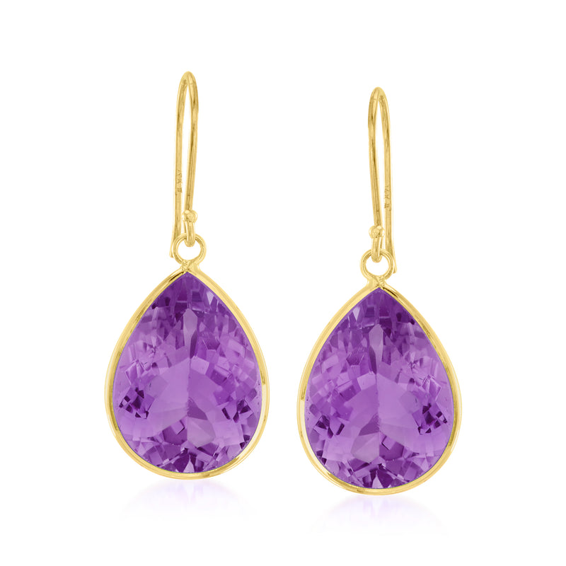 14kt yellow gold amethyst teardrop drop earrings with purple stone, earwire hooks