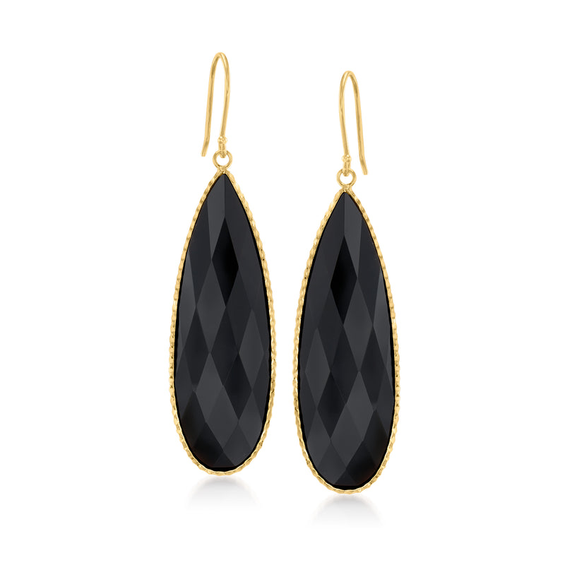 14kt yellow gold teardrop onyx earrings with faceted black stone on earwires