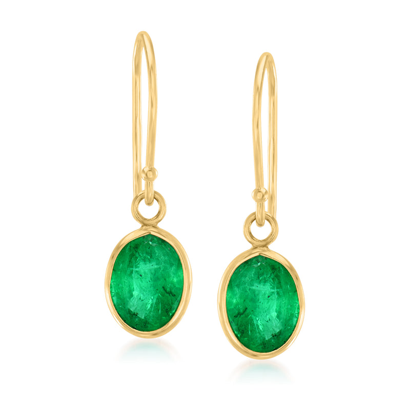 14kt yellow gold emerald drop earrings with oval green gemstone on earwire