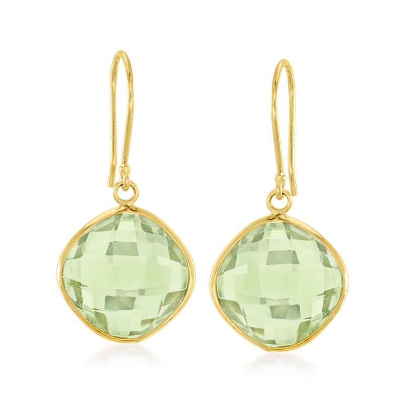 14kt yellow gold prasiolite drop earrings with faceted oval green gemstone