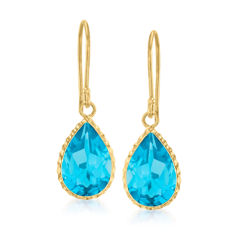 14kt yellow gold drop earrings with blue teardrop topaz and gold earwire