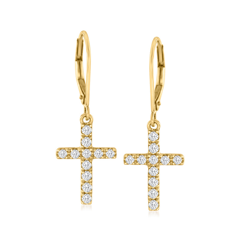 14kt yellow gold diamond cross drop earrings with leverback closures