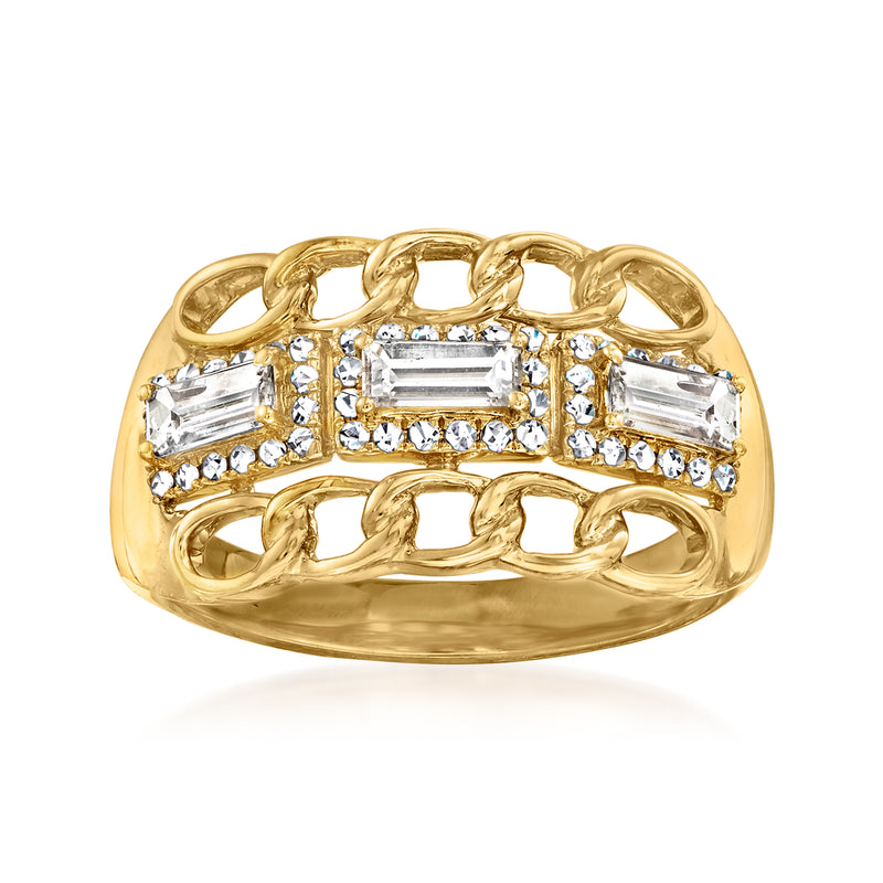 14kt yellow gold link ring with central square and side baguette-cut stones