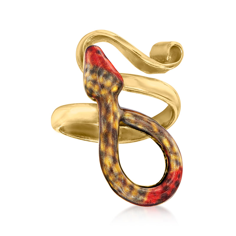Multicolored enamel snake ring with gold-tone band, coiled body and open loop detail
