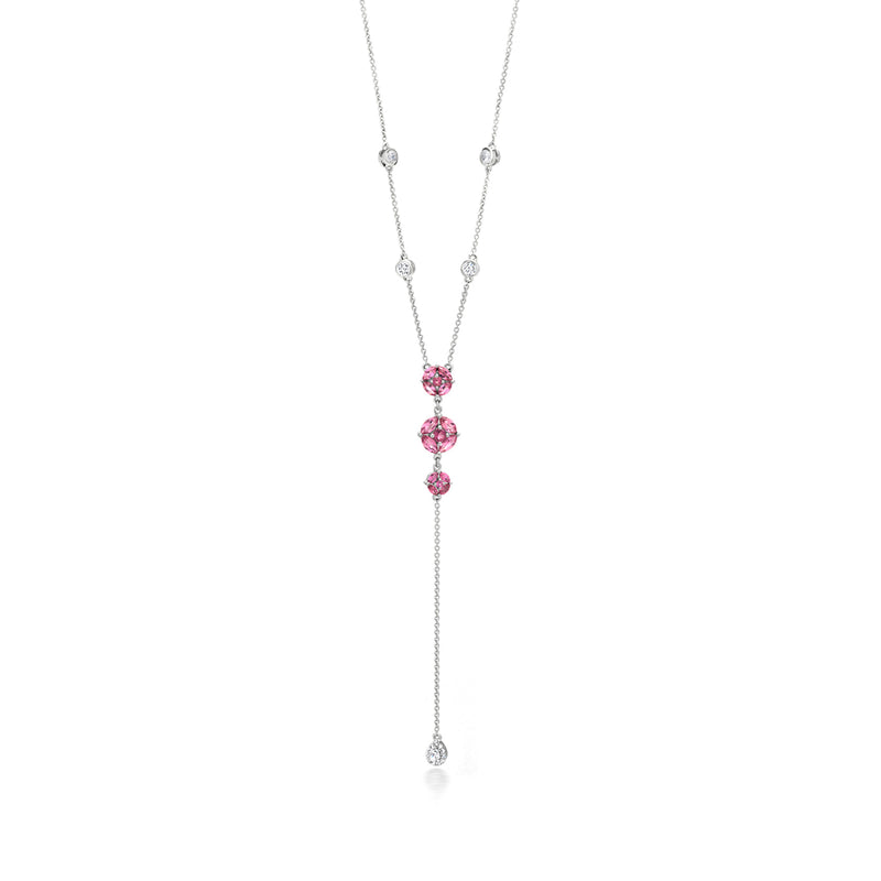 Pink gemstone Y-necklace with three round stones and dangling white zircon, 14kt white gold
