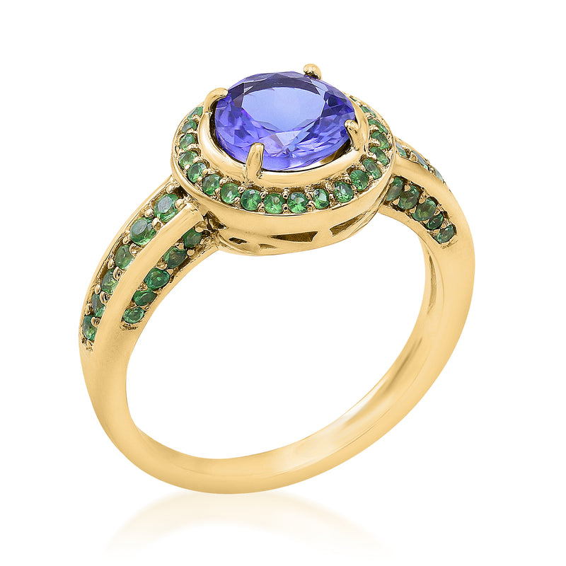 1.50 Carat Tanzanite Ring with .50 ct. t.w. Tsavorites in 14kt Yellow Gold