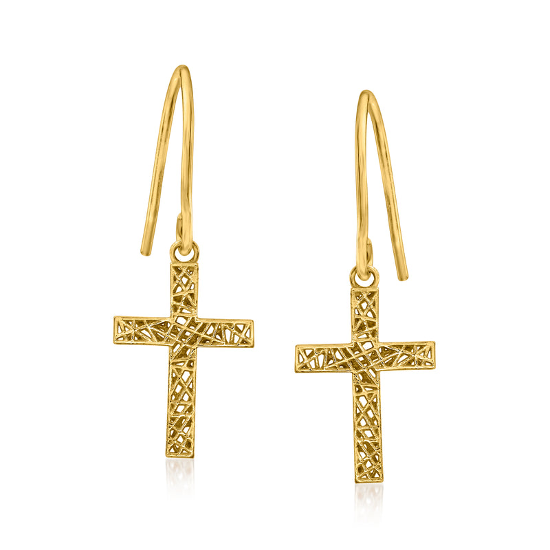 14kt yellow gold mesh cross drop earrings with hook earwires