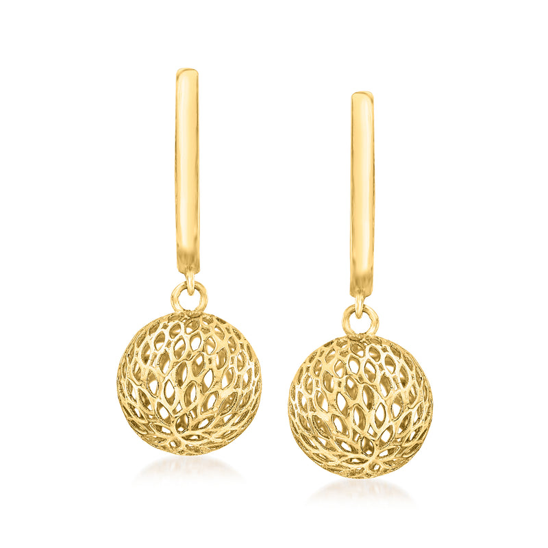 14kt yellow gold mesh ball drop hoop earrings with hinged huggie hoops