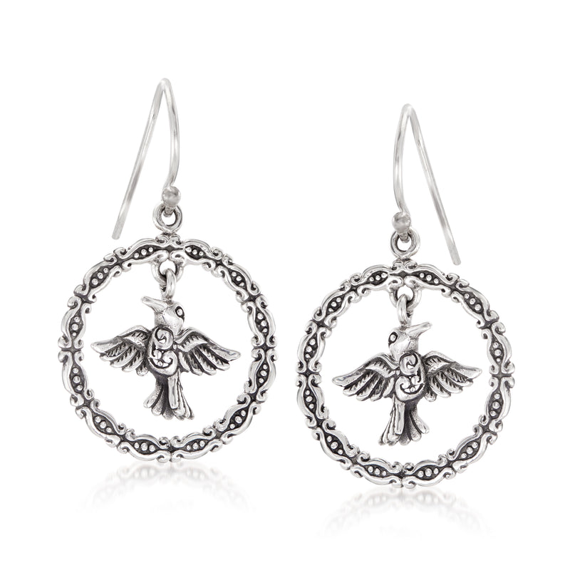 Sterling silver hummingbird drop earrings with round filigree and earwire hooks
