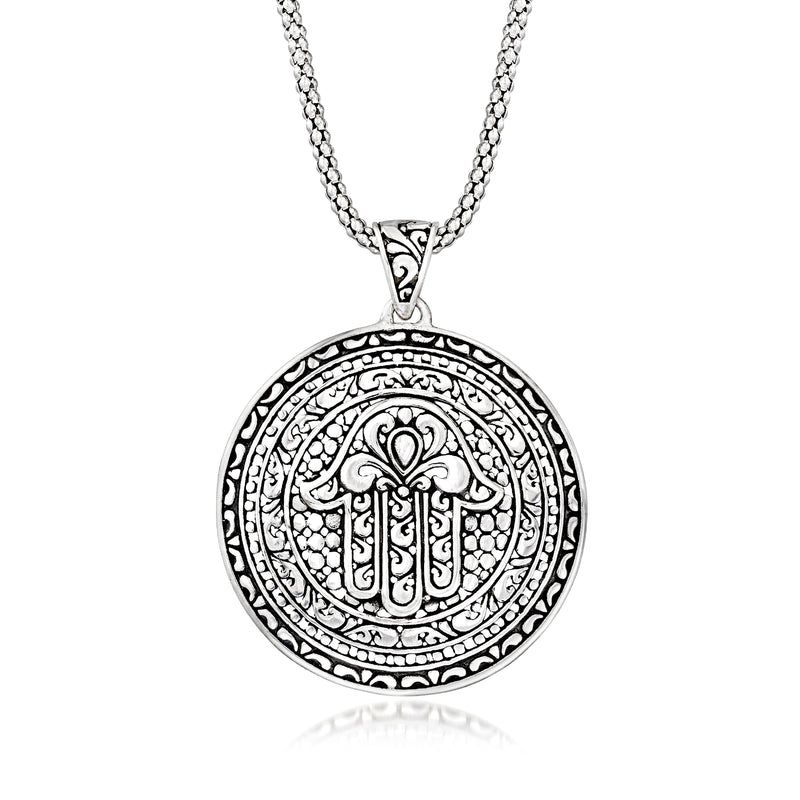 Sterling silver Bali-style hamsa hand medallion pendant necklace with engraved round charm