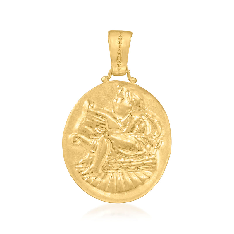 Gold over sterling harp-playing angel round medallion pendant
