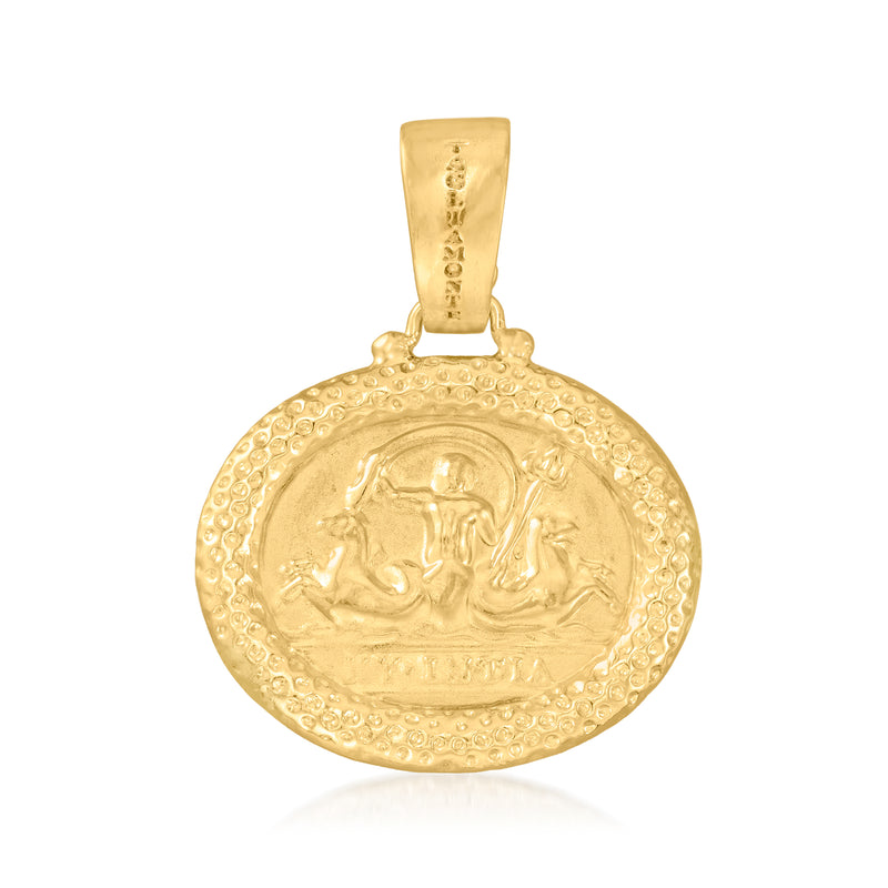 Gold Neptune medallion pendant with textured round border and raised sea-god figure