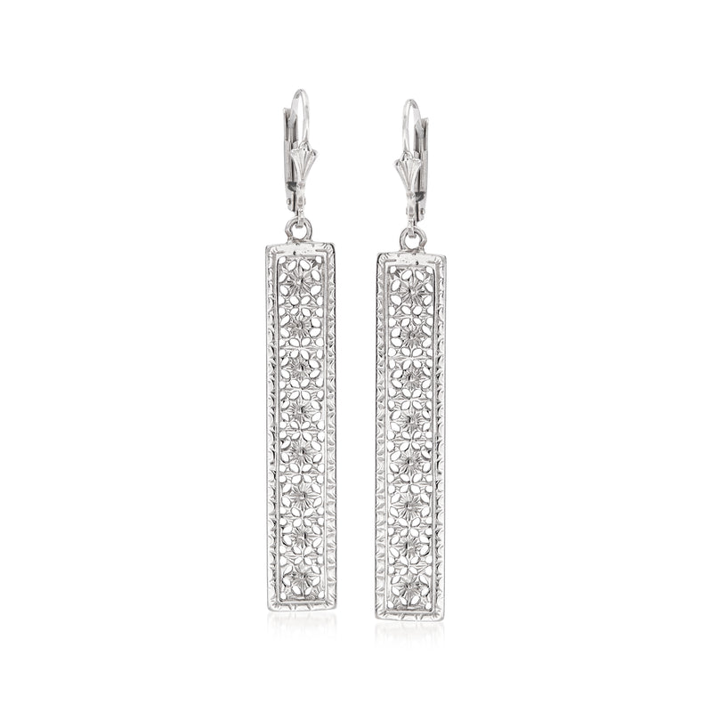 Sterling silver floral bar drop earrings with leverback closures, rectangular filigree design.