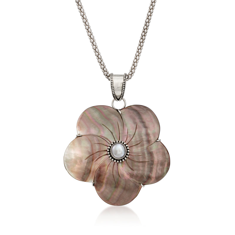 Sterling silver pearl flower pendant necklace with mother-of-pearl petals and gray center pearl