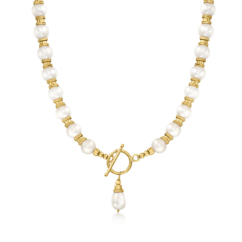 Cultured pearl toggle necklace with 18kt gold over sterling clasp and round pearl stations