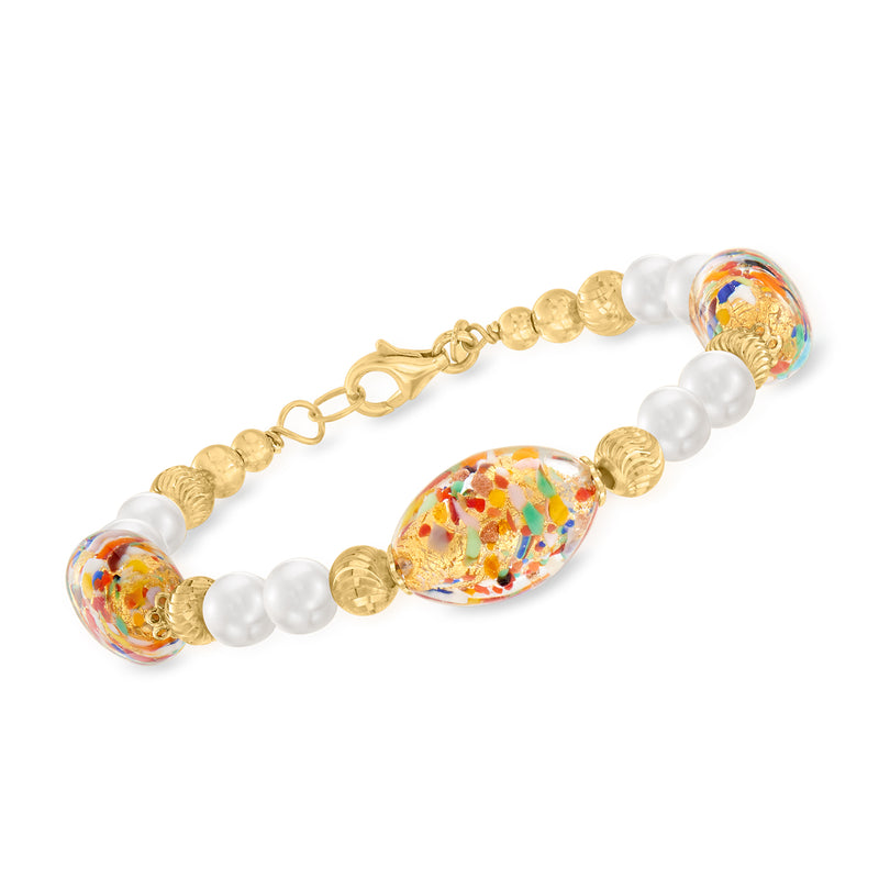 Gold-tone bracelet with multicolored Murano glass beads and white cultured pearls