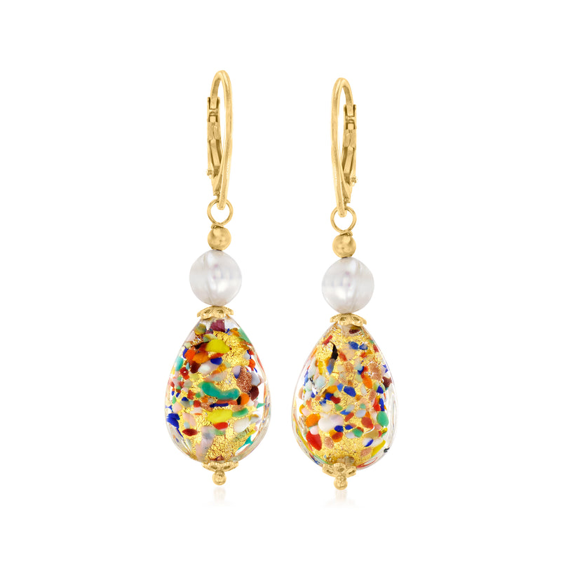 Gold leverback earrings with pearl and multicolor Murano glass teardrop
