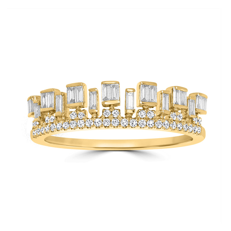 Jagged crown diamond ring in 18kt yellow gold with baguette and round stones
