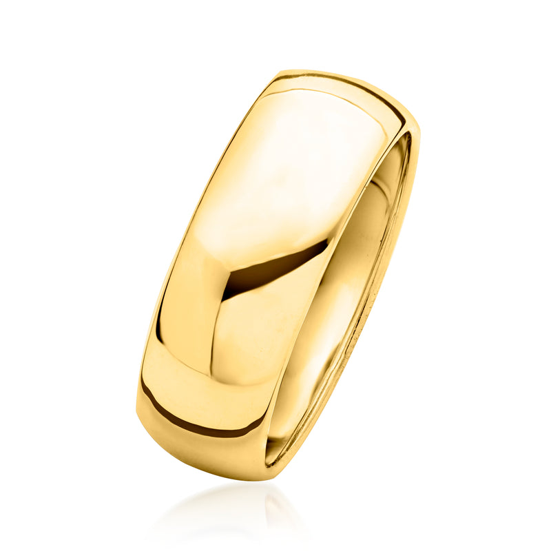 Yellow gold dome ring viewed at an angle, sleek high-polish band