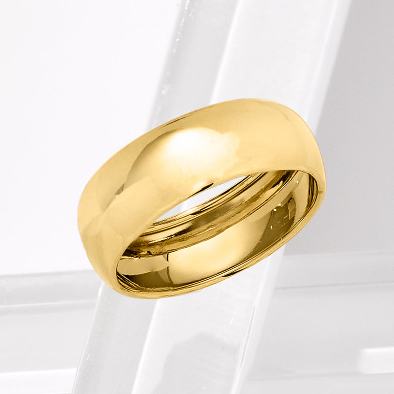 Yellow gold dome ring with smooth round band profile from the side