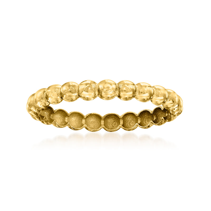 14kt yellow gold domed beaded ring with raised round beads across the band