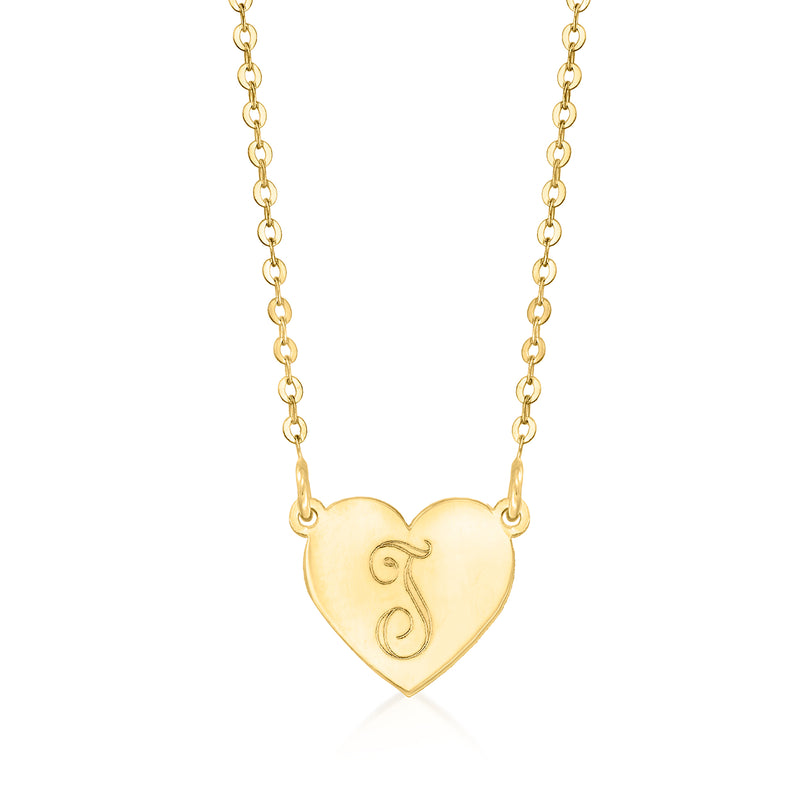 14kt yellow gold heart pendant necklace with engraved initial, on cable chain