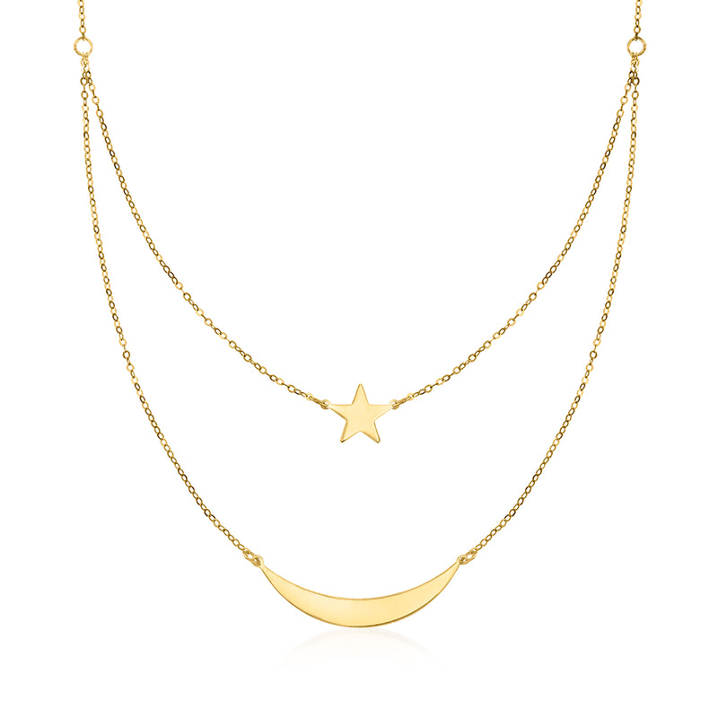 14kt yellow gold layered moon and star necklace with two chain lengths