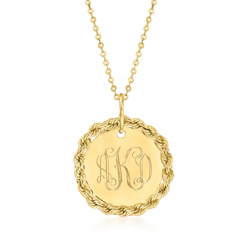 14kt yellow gold round pendant necklace with roped border and engraved monogram