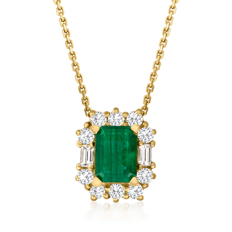 18kt yellow gold pendant necklace with emerald-cut green gemstone and diamond halo