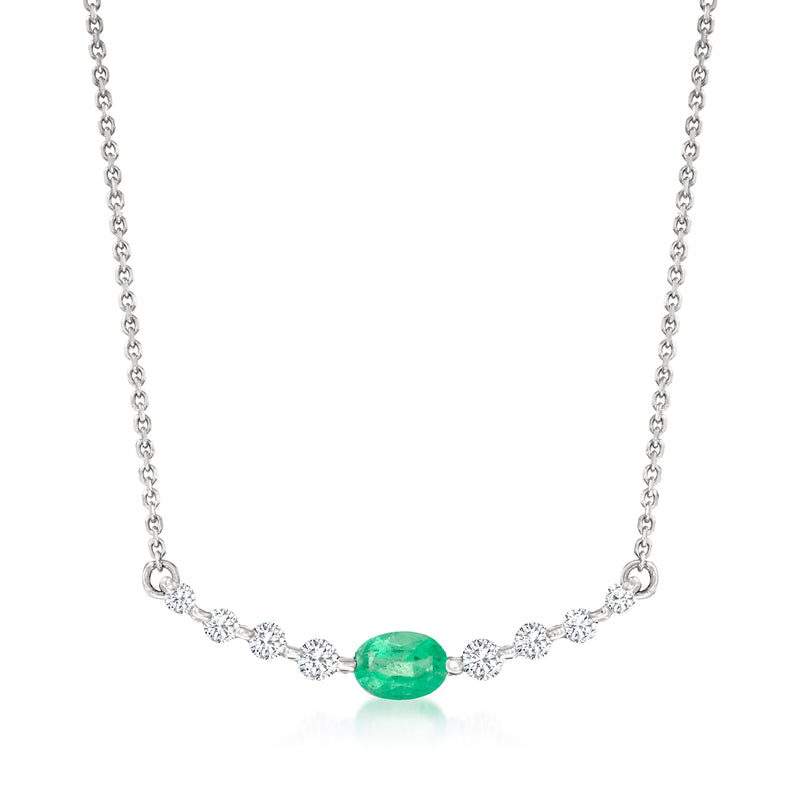 18k white gold curve necklace with emerald-green center and small diamond accents
